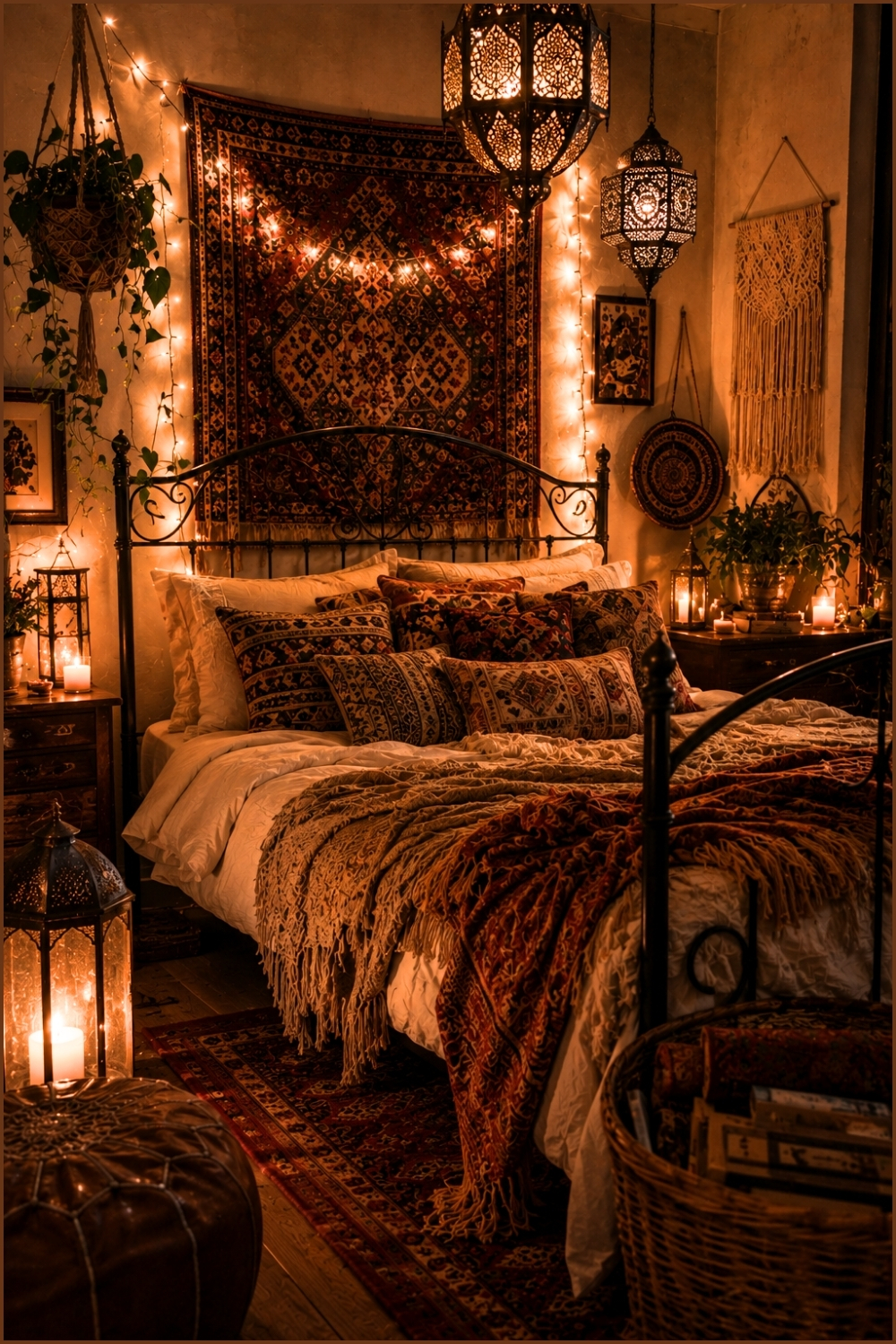 Warm Lantern Lit Bohemian Bedroom (1)