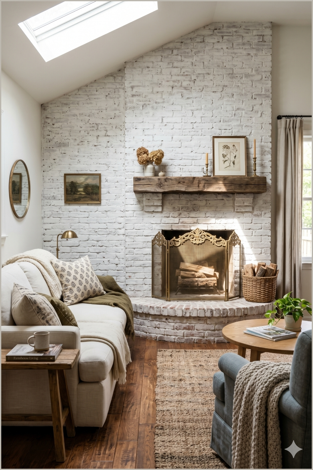 Whitewashed Brick Fireplace With Rustic Charm
