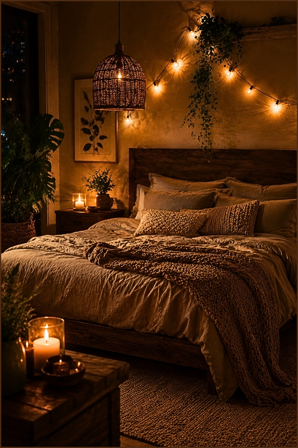 Cozy Bedroom with Warm String Lights